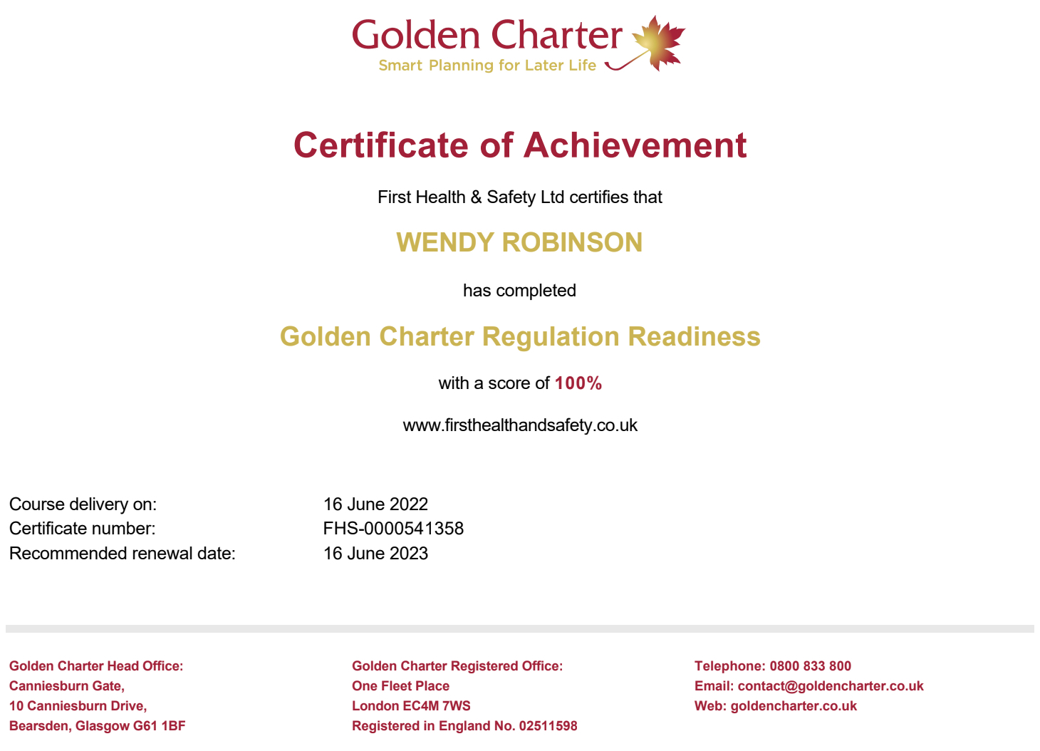 Golden Charter Certificate